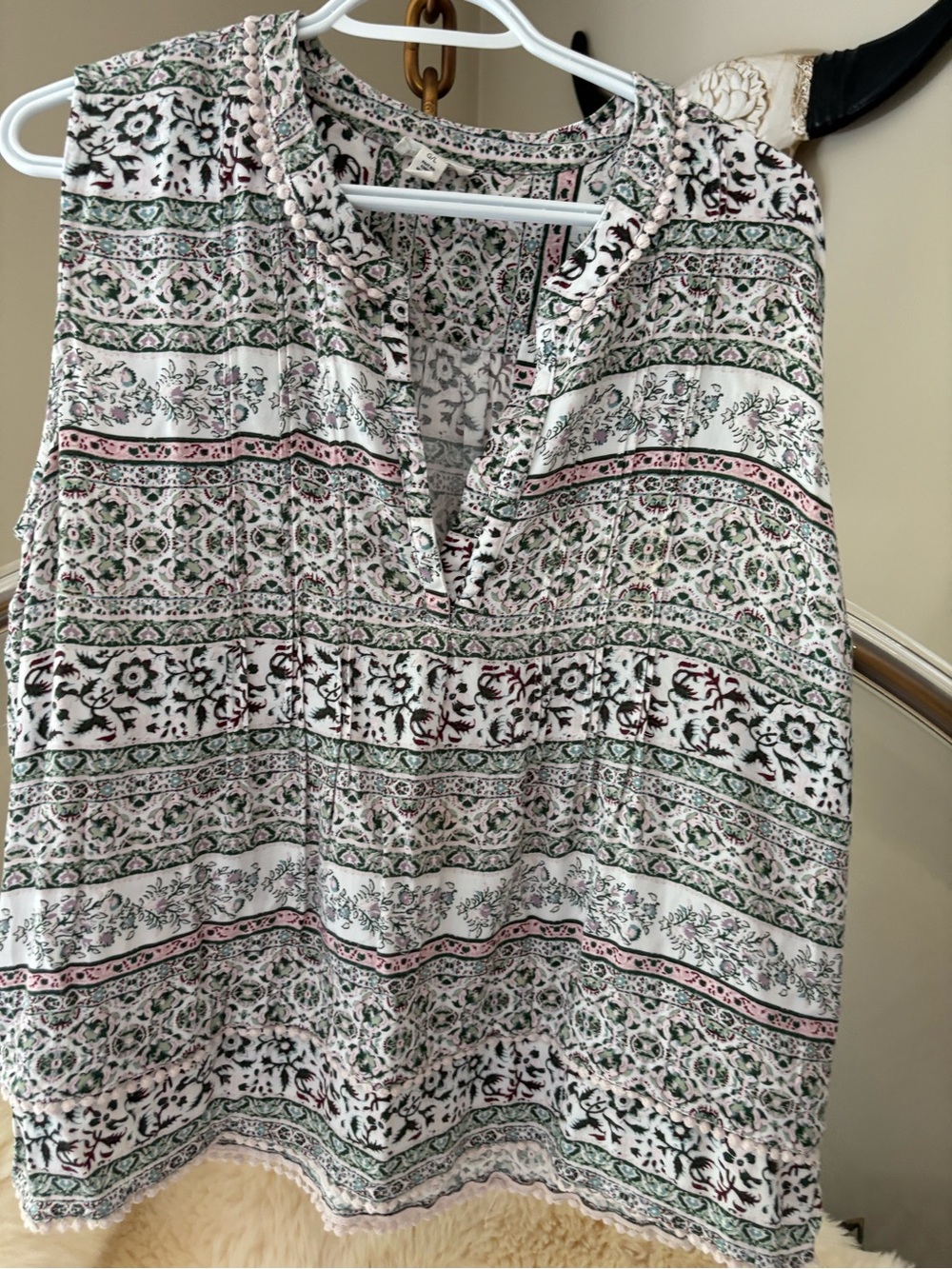 Tribal Women's Sleeveless V-Neck Camisole - White with Green & Pink Accents